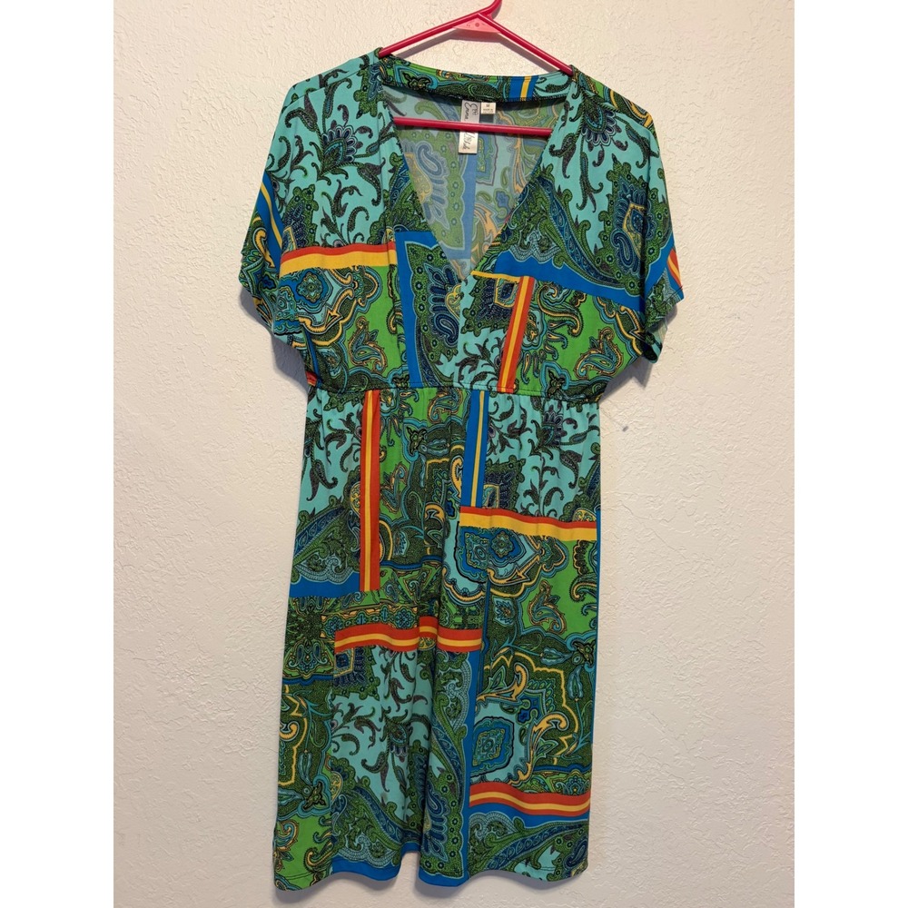 Emma & Michele Paisley Patchwork V-Neck Empire Waist Dress Blue Green Medium